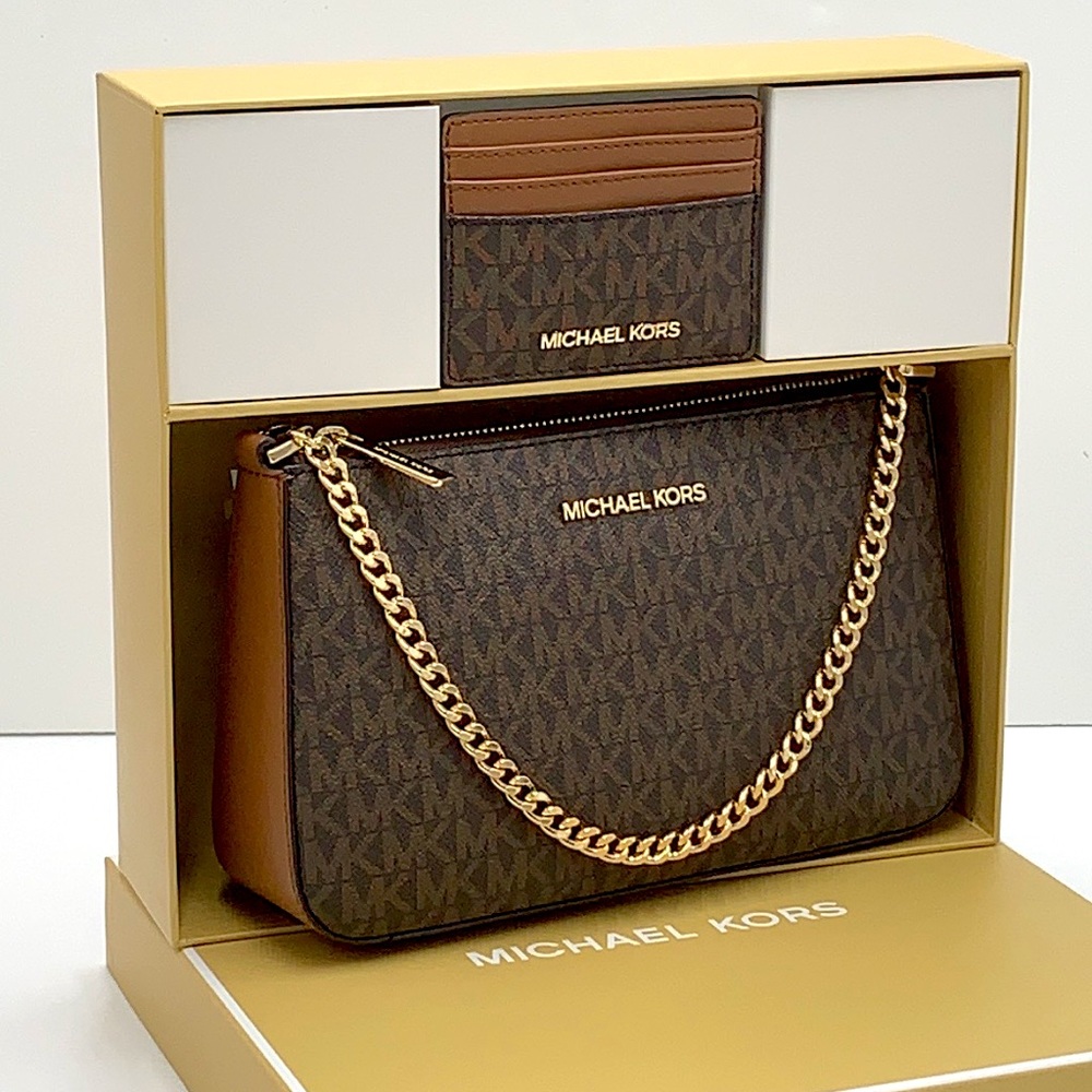 MICHAEL KORS GIFTABLE SHOULDER BAG & CARD HOLDER BOXED SET BROWN SIGNATU…